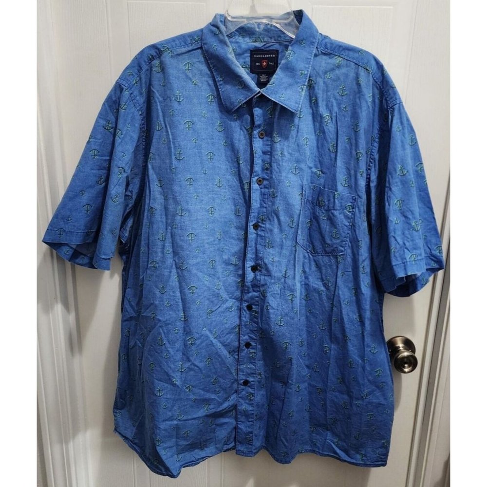 Saddlebred Big & Tall Blue Nautical Anchor AOP Short Sleeve Button Shirt Sz 3XLT
